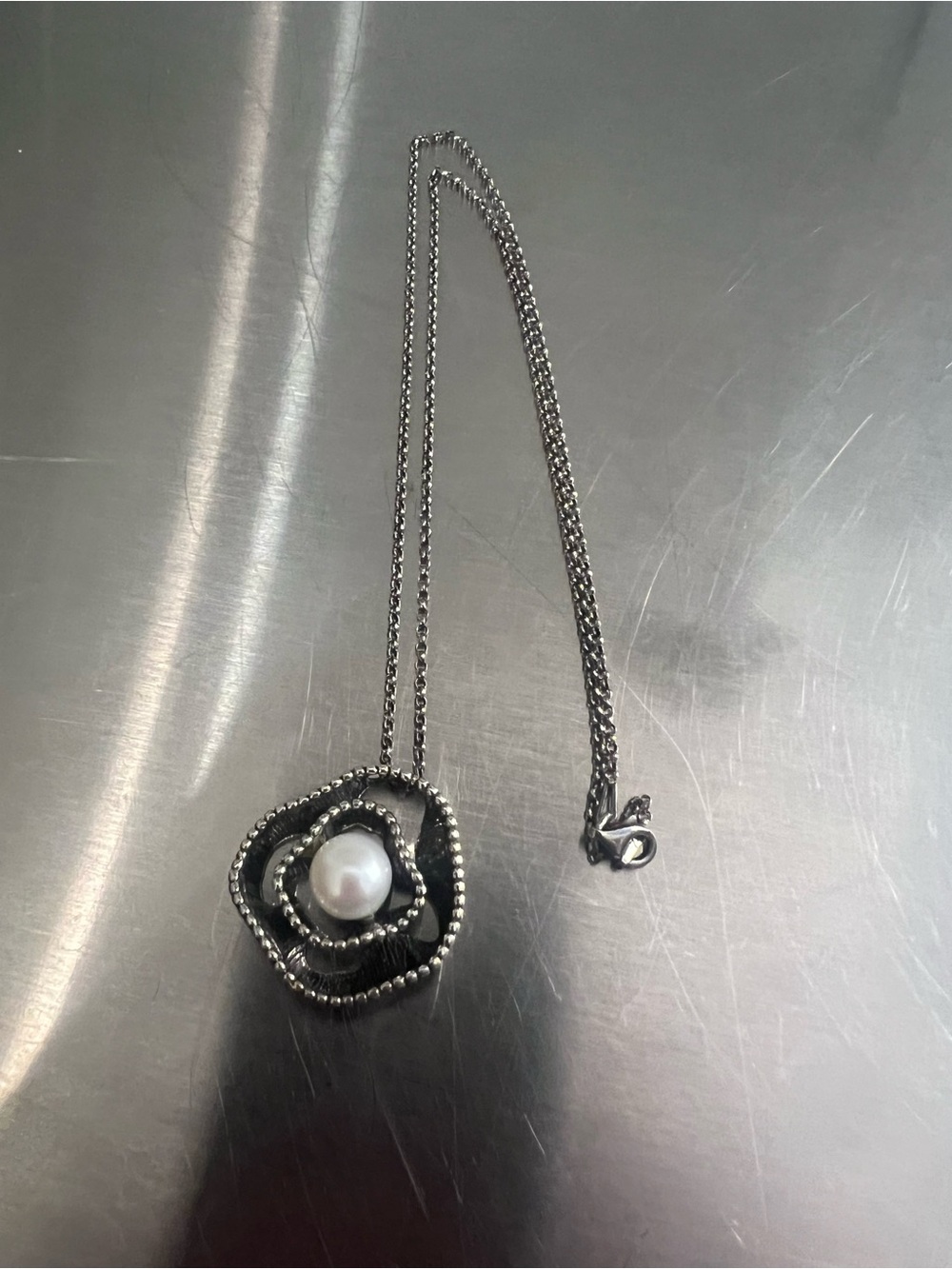 Sterling Silver Genuine Pearl Flower Pendant & 16” Sterling Chain W/ 4” Extender